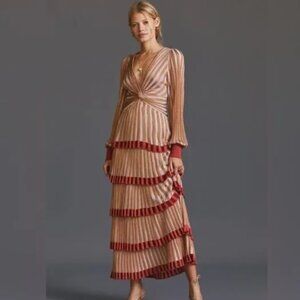 Cecilia Prado Anthropologie XL Tan Red Deco Tiered Striped Knit Maxi Dress